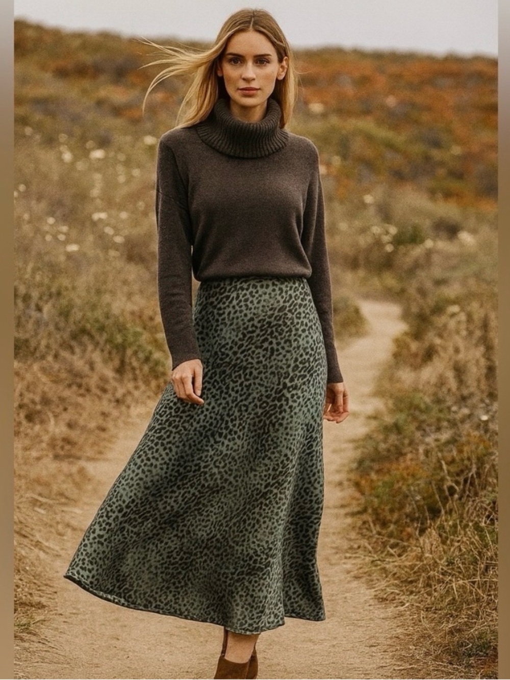 J. Jill Olive Green Leopard Print Maxi Skirt